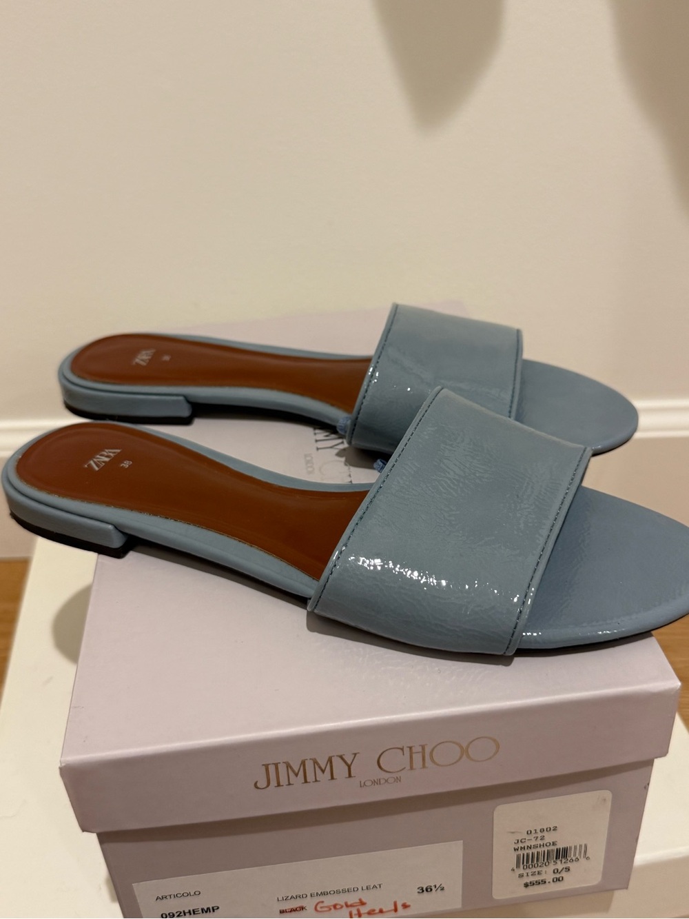Zara Light Blue Patent Leather Slide Sandals Size 38